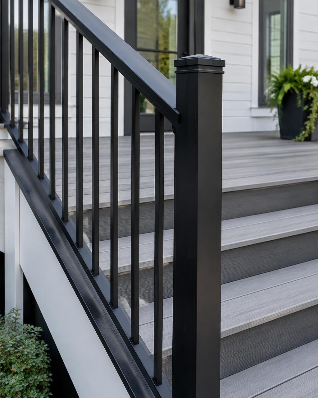 Black aluminum stair railing on grey composite deck stairs