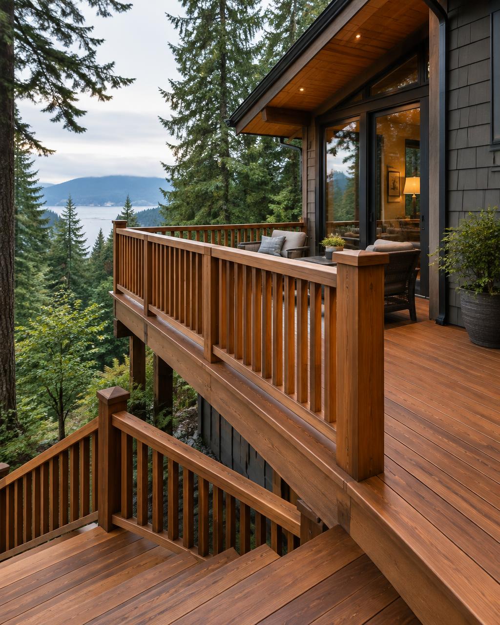 Cedar deck with cedar railing and stair rail among evergreens