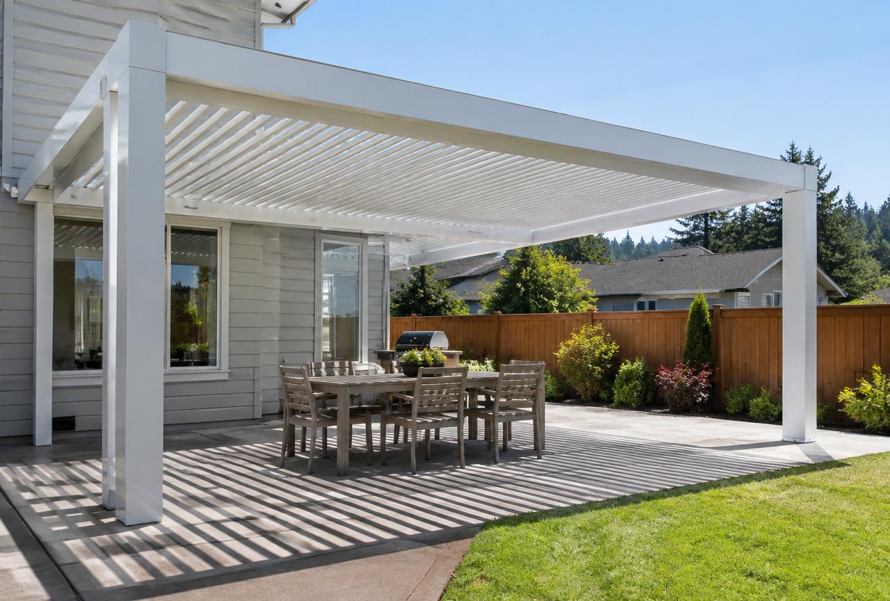Freestanding white lattice patio cover shading a dining patio