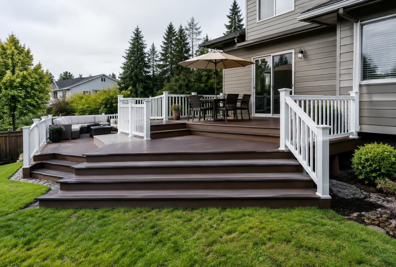 Multi-level composite deck with wide stairs and white vinyl railing