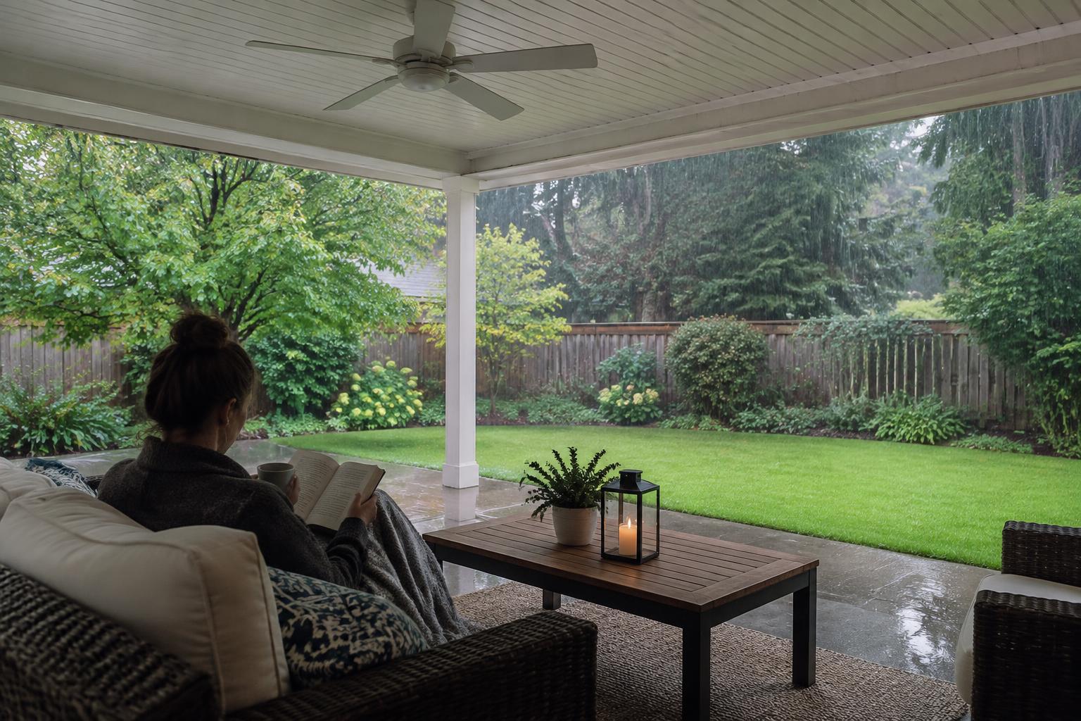 Reading with coffee under a covered patio during Oregon rain